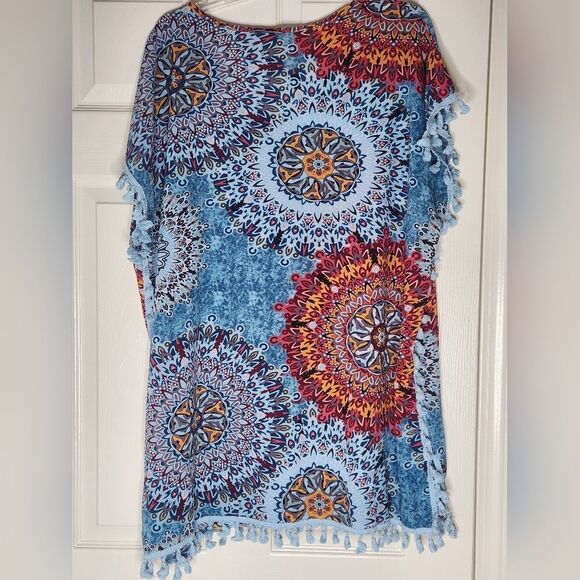 Yincro 8 Blue Multicolored Mandala Print Coverup Swimsuit V-neck Women's Top - Picture 9 of 10